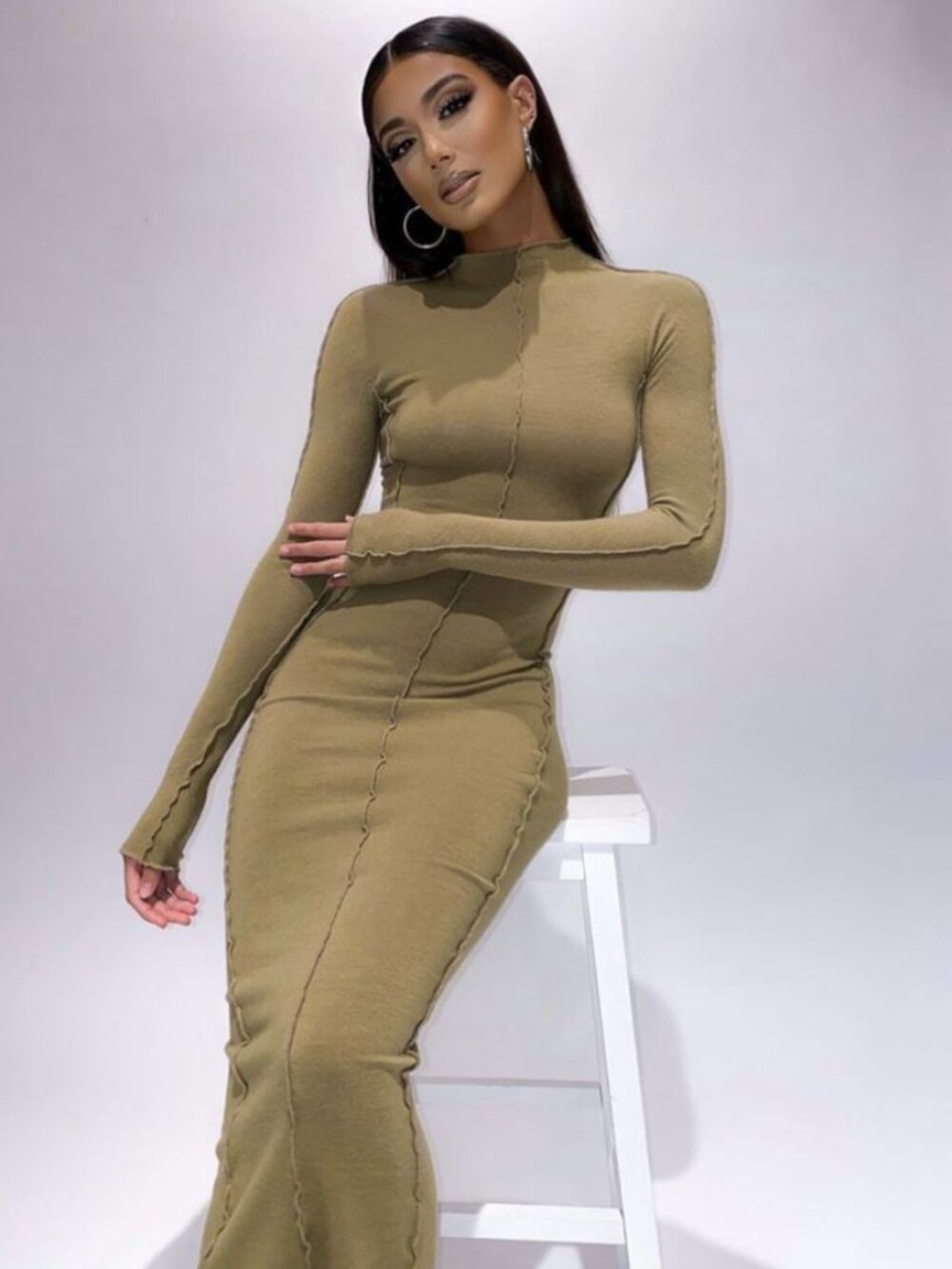 The Kript Ribbed Maxi Bodycon Dress Long Sleeve - S - Olive Brown